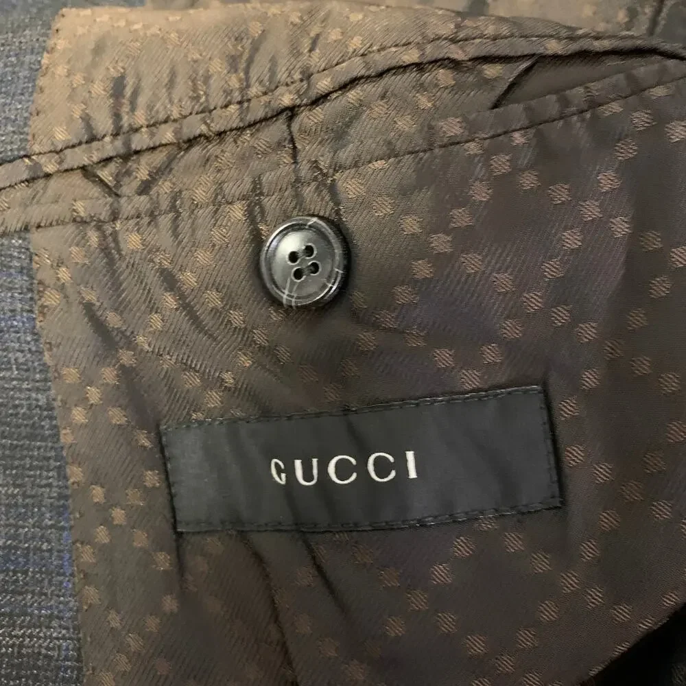 GUCCI Size 42 Grey Blue Ombre Plaid Wool Blend Peak Lapel Sport Coat